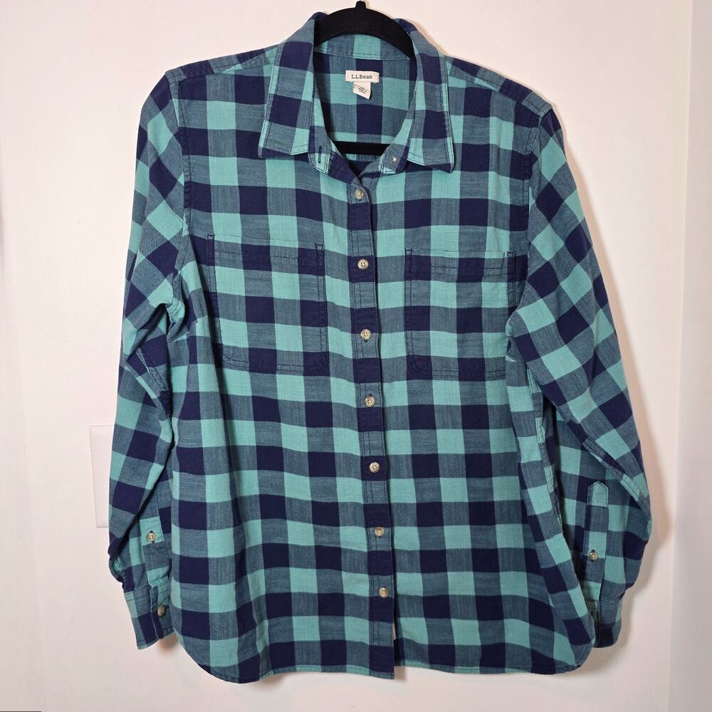 L.L.Bean Cotton Button Down Men's Medium Long Sleeve Blue Green Plaid Shirt